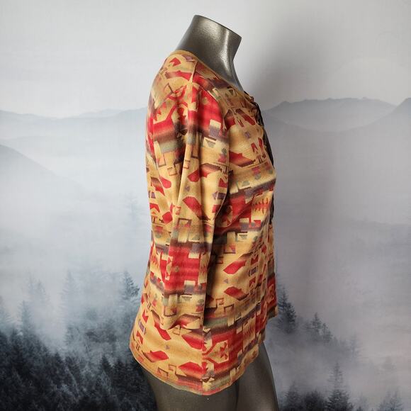 Vintage Chaps Denim Lace Up Western / Aztec Print 3/4 Top | Women's 1X - Picture 5 of 12